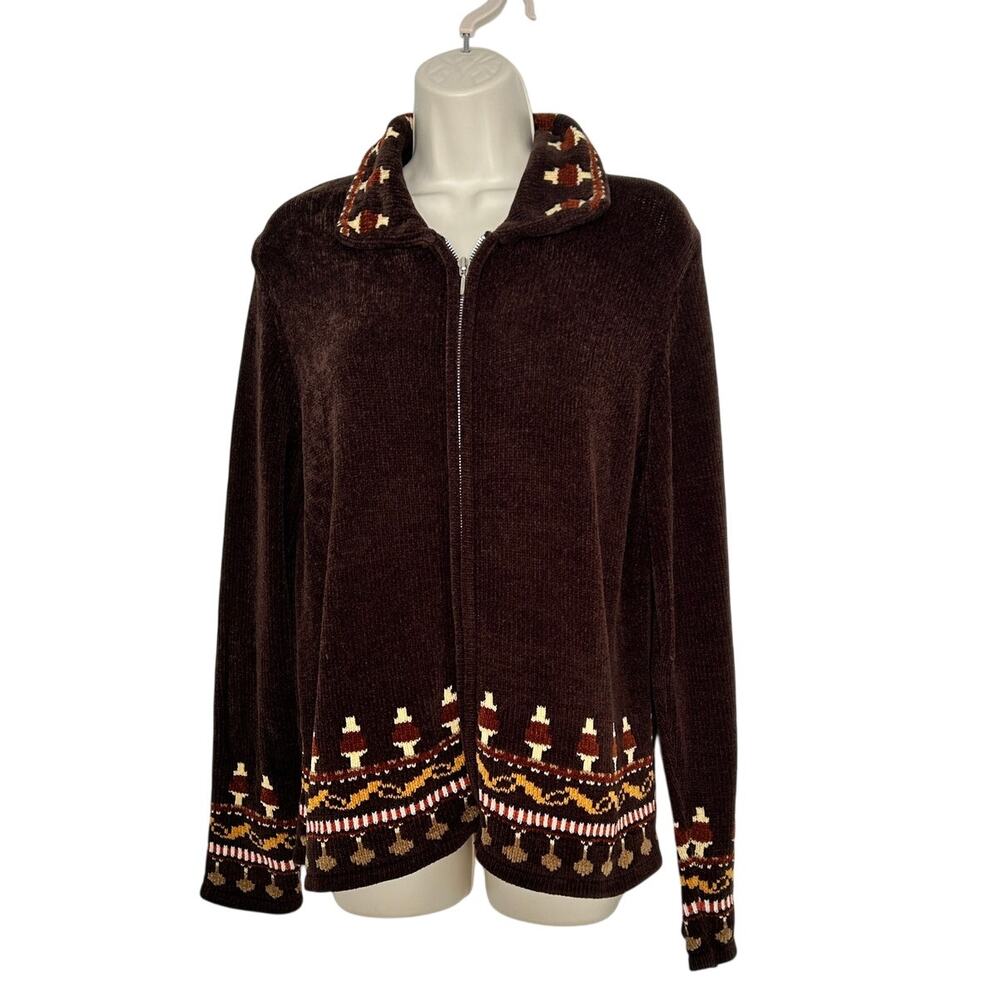 Women's Zip Front Sweater with Aztec Design Brown Medium